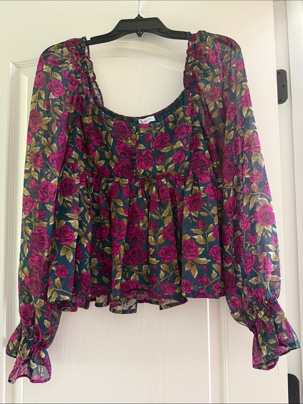 Blu Pepper Dark Green Floral Peasant Blouse with Magenta Roses